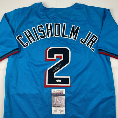 Autographed/Signed Jazz Chisholm Jr. Miami Blue Baseball Jersey JSA COA