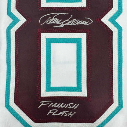 Autographed/Signed Teemu Selanne "Finnish Flash" Anaheim White Retro Hockey Jersey JSA COA