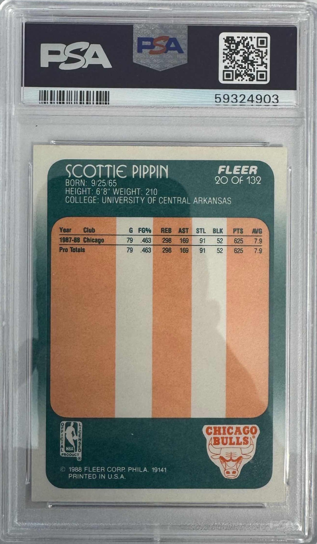 Graded 1988 Fleer Scottie Pippen #20 Rookie RC Basketball Card PSA 9 Mint