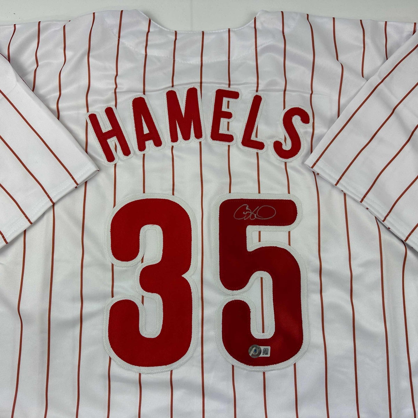 Autographed/Signed Cole Hamels Philadelphia Pinstripe Baseball Jersey Beckett BAS COA