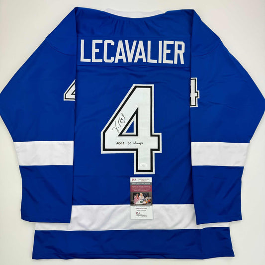 Autographed/Signed Vincent Lecavalier 2004 SC Champs Tampa Bay Blue Hockey Jersey JSA COA