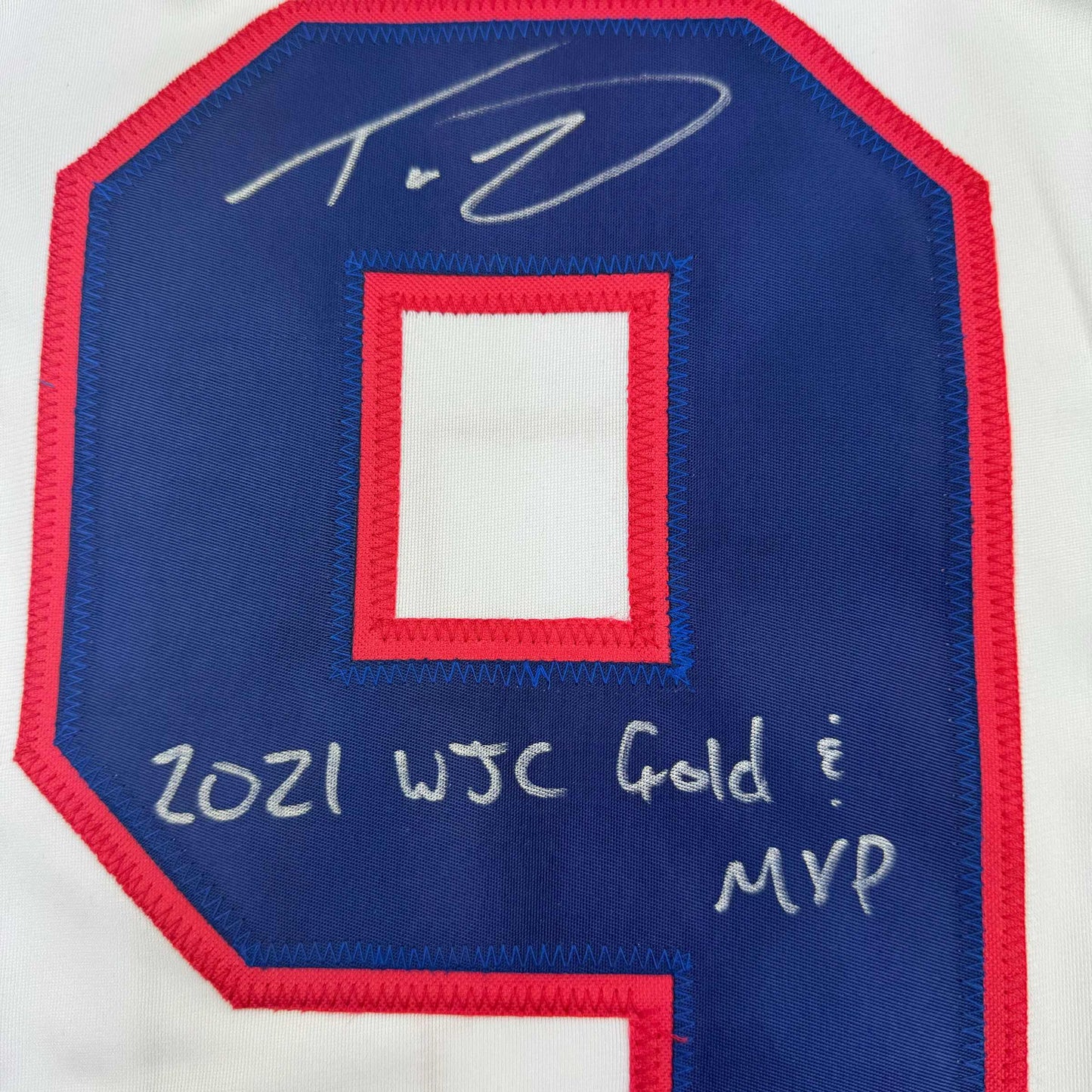 Framed Autographed/Signed Trevor Zegras 2021 WJC Gold & MVP 35x39 Team USA White Hockey Jersey JSA COA