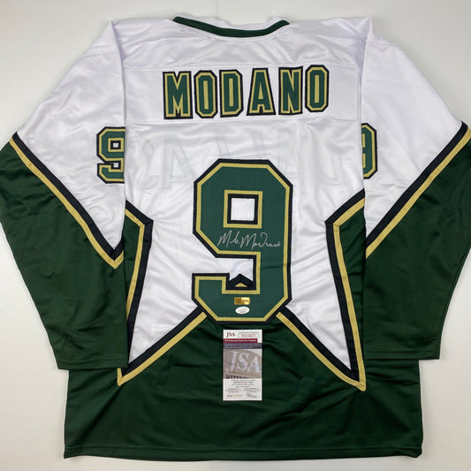 Autographed/Signed Mike Modano Dallas White Hockey Jersey Beckett BAS COA