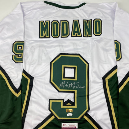 Autographed/Signed Mike Modano Dallas White Hockey Jersey Beckett BAS COA