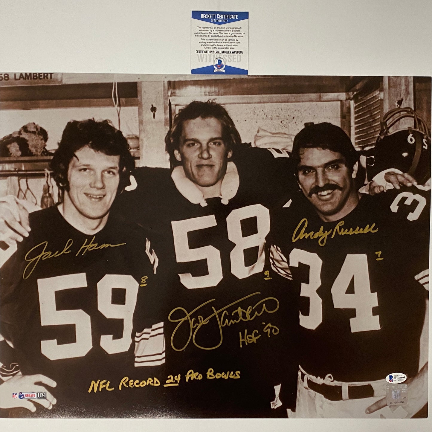 Autographed/Signed Jack Ham Jack Lambert Andy Russell Pittsburgh Steelers 16x20 Football Photo Beckett BAS COA