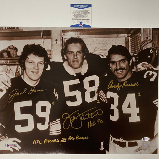 Autographed/Signed Jack Ham Jack Lambert Andy Russell Pittsburgh Steelers 16x20 Football Photo Beckett BAS COA