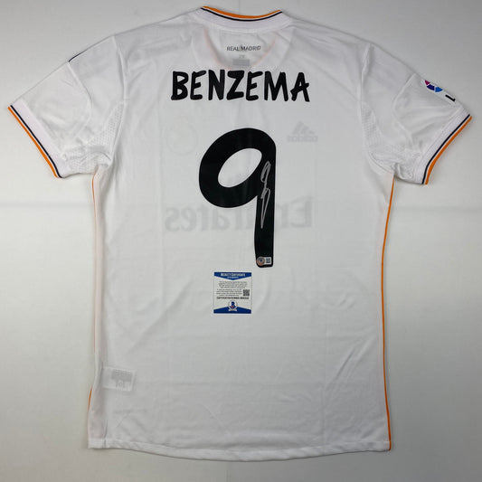 Autographed/Signed Karim Benzema Real Madrid White Soccer Jersey Beckett BAS COA