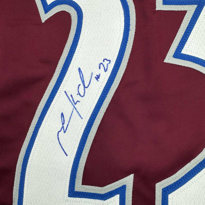 Framed Autographed/Signed Milan Hejduk 35x39 Colorado Maroon Hockey Jersey JSA COA