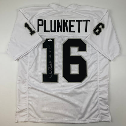 Autographed/Signed Jim Plunkett SB XV MVP Oakland Las Vegas White Football Jersey JSA COA