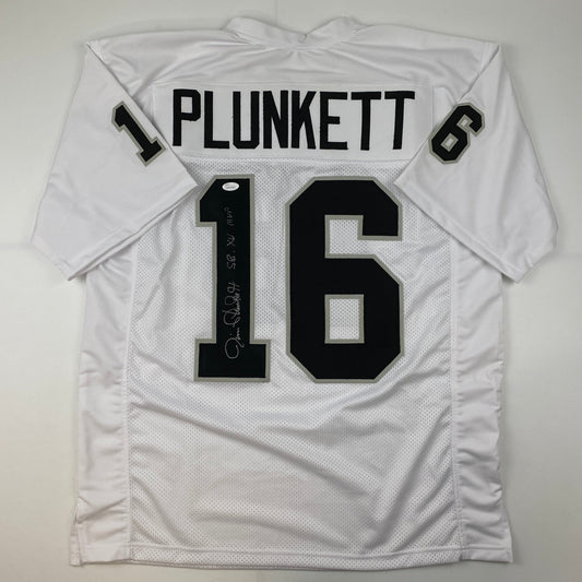 Autographed/Signed Jim Plunkett SB XV MVP Oakland Las Vegas White Football Jersey JSA COA