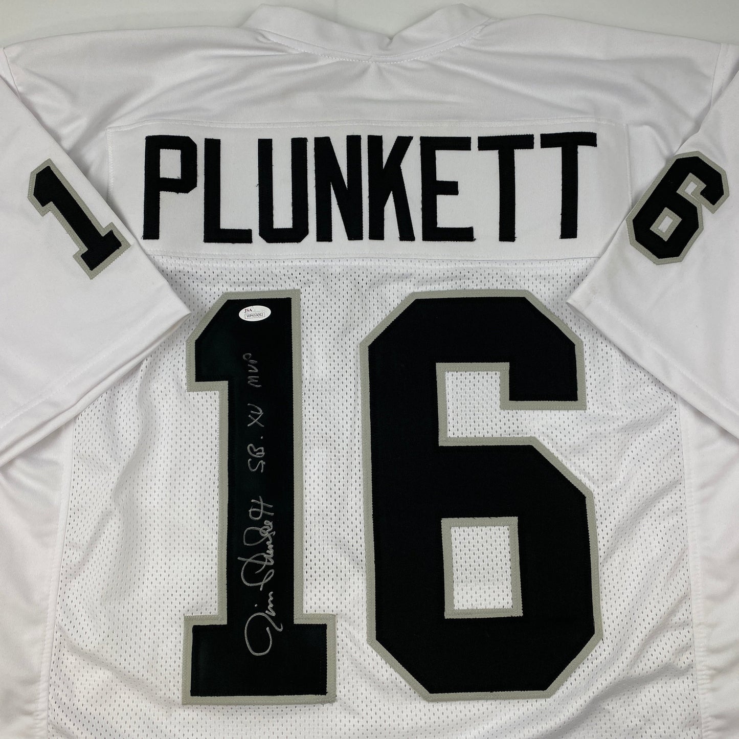 Autographed/Signed Jim Plunkett SB XV MVP Oakland Las Vegas White Football Jersey JSA COA