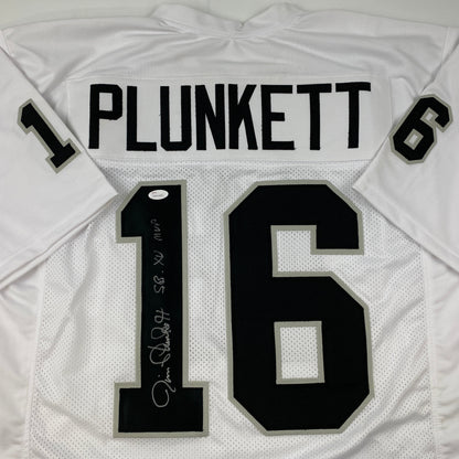 Autographed/Signed Jim Plunkett SB XV MVP Oakland Las Vegas White Football Jersey JSA COA