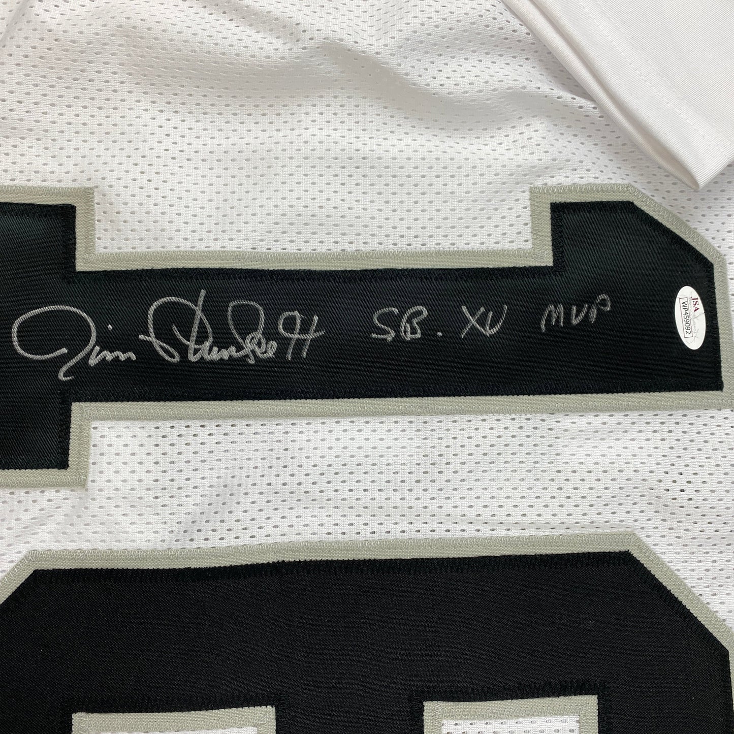 Autographed/Signed Jim Plunkett SB XV MVP Oakland Las Vegas White Football Jersey JSA COA