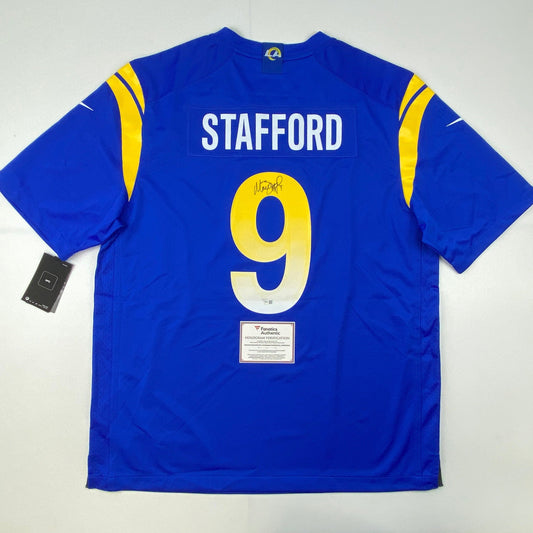 Autographed/Signed Matthew Stafford Los Angeles Rams Blue Authentic Nike Game Super Bowl LVI Football Jersey Fanatics COA