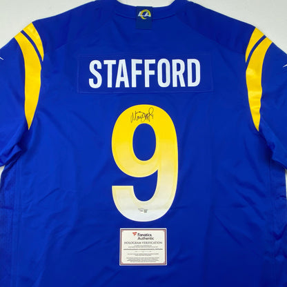 Autographed/Signed Matthew Stafford Los Angeles Rams Blue Authentic Nike Game Super Bowl LVI Football Jersey Fanatics COA