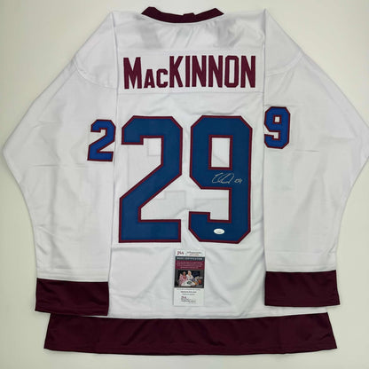 Autographed/Signed Nathan MacKinnon Colorado White Hockey Jersey JSA COA