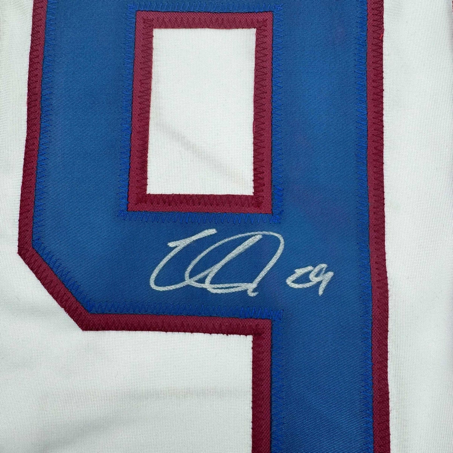 Framed Autographed/Signed Nathan MacKinnon 35x39 Colorado White Hockey Jersey JSA COA