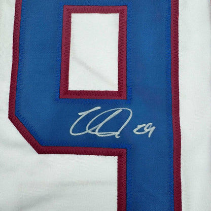 Framed Autographed/Signed Nathan MacKinnon 35x39 Colorado White Hockey Jersey JSA COA