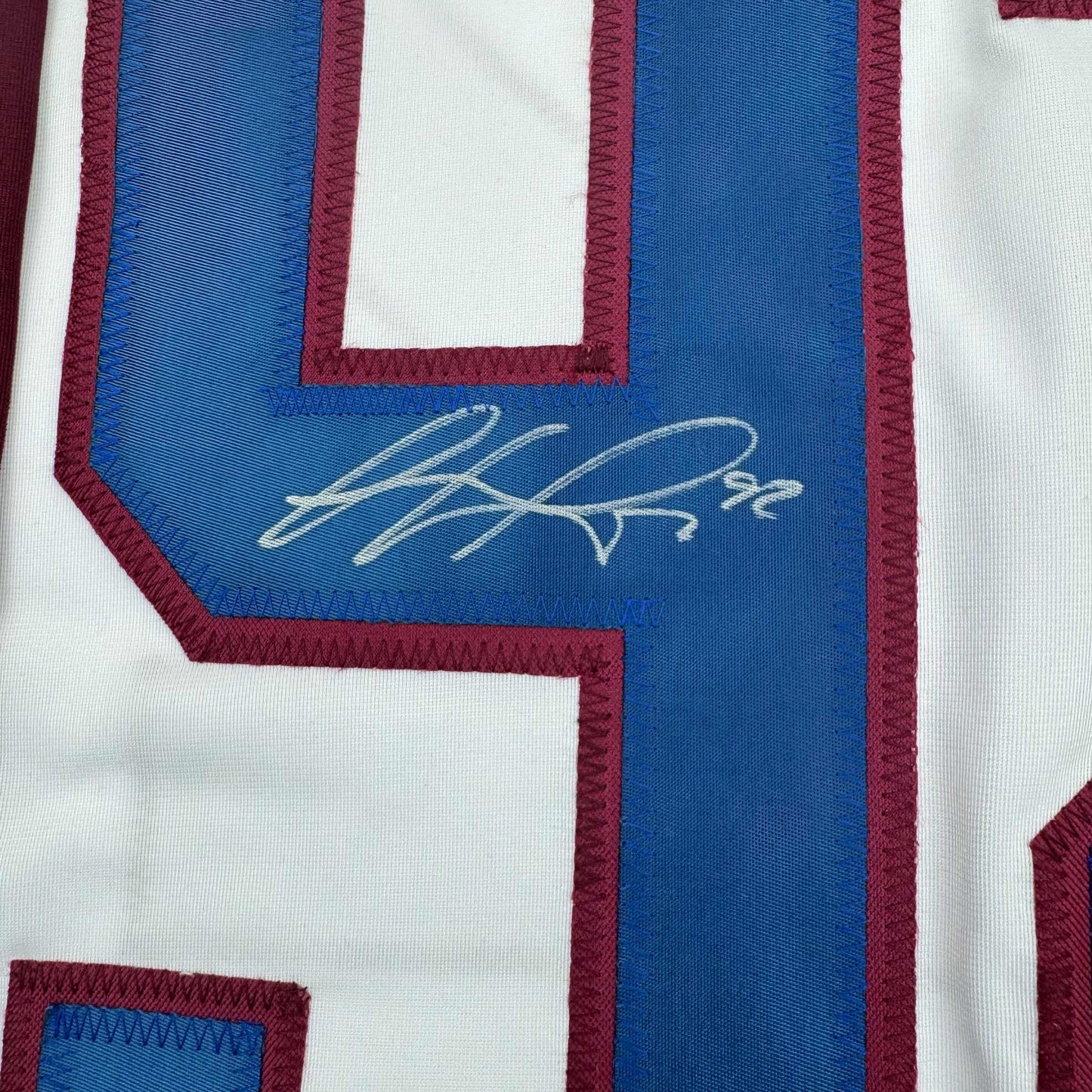 Framed Autographed/Signed Gabriel Landeskog 35x39 White Colorado Hockey Jersey JSA COA