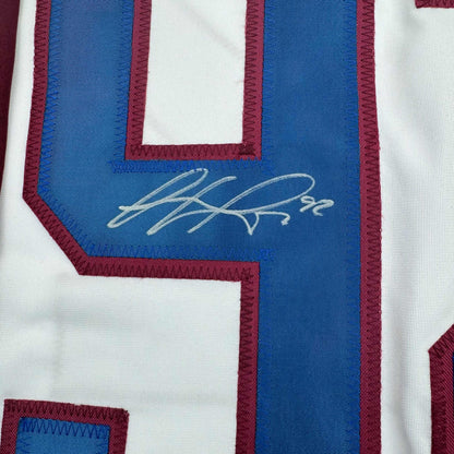 Framed Autographed/Signed Gabriel Landeskog 35x39 White Colorado Hockey Jersey JSA COA