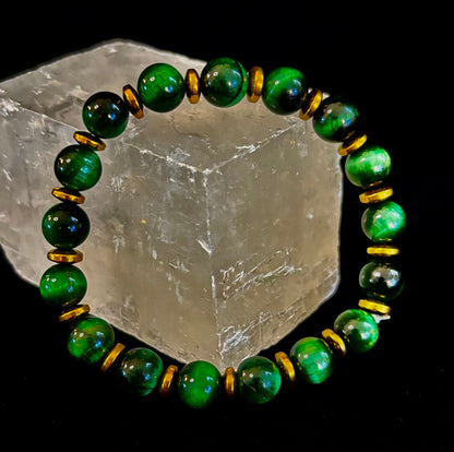 Green Tiger Eye Wealth & Confidence Bracelet – 8mm Beads with Gold Accents (Medium Wrists)