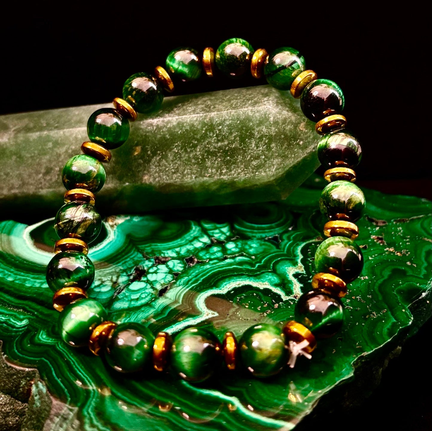 Green Tiger Eye Wealth & Confidence Bracelet – 8mm Beads with Gold Accents (Medium Wrists)