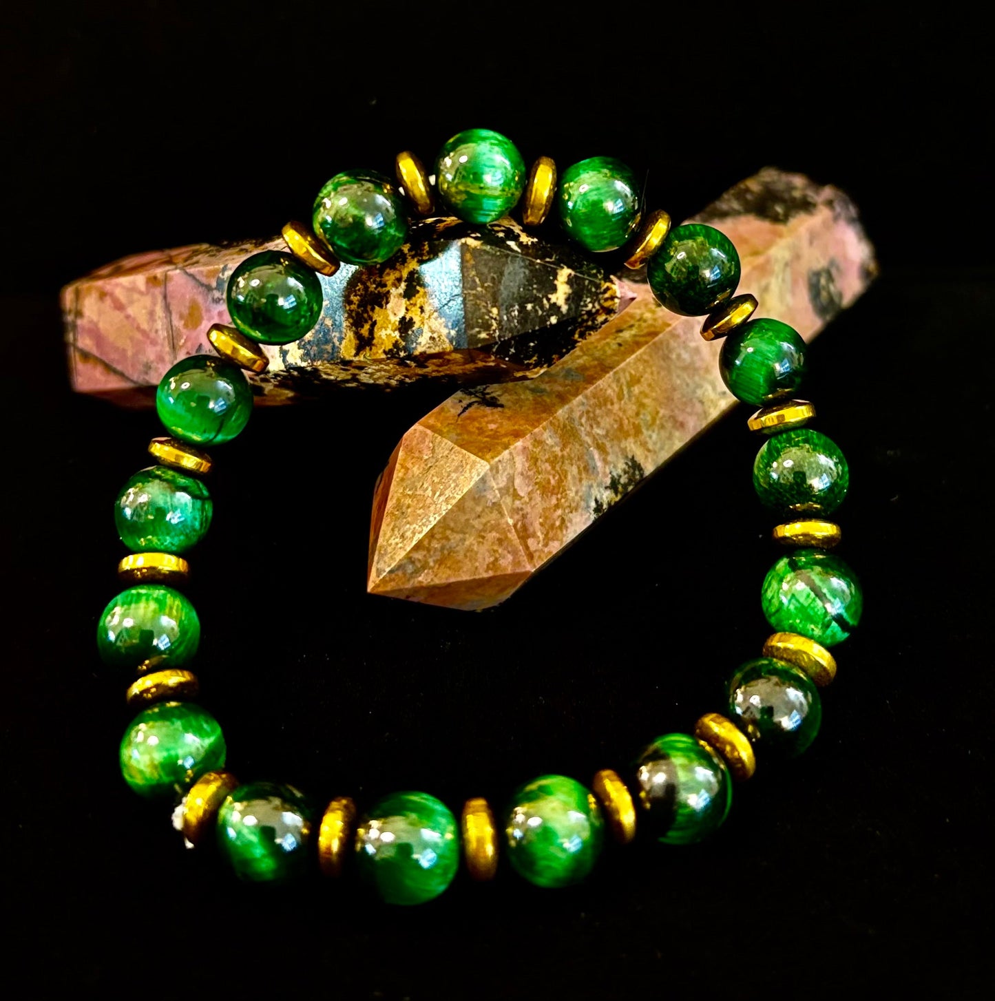 Green Tiger Eye Wealth & Confidence Bracelet – 8mm Beads with Gold Accents (Medium Wrists)