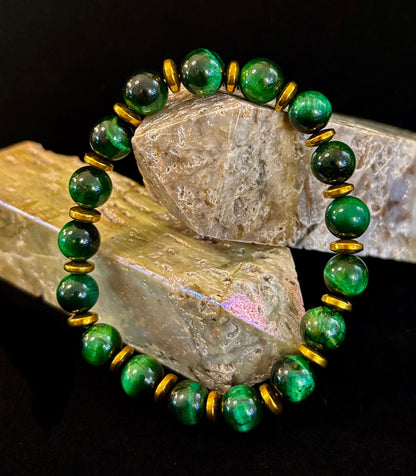 Green Tiger Eye Wealth & Confidence Bracelet – 8mm Beads with Gold Accents (Medium Wrists)