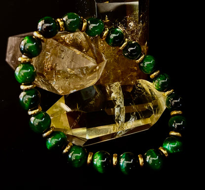 Green Tiger Eye Wealth & Confidence Bracelet – 8mm Beads with Gold Accents (Medium Wrists)