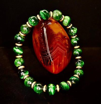 Green Tiger Eye Wealth & Confidence Bracelet – 8mm Beads with Gold Accents (Medium Wrists)