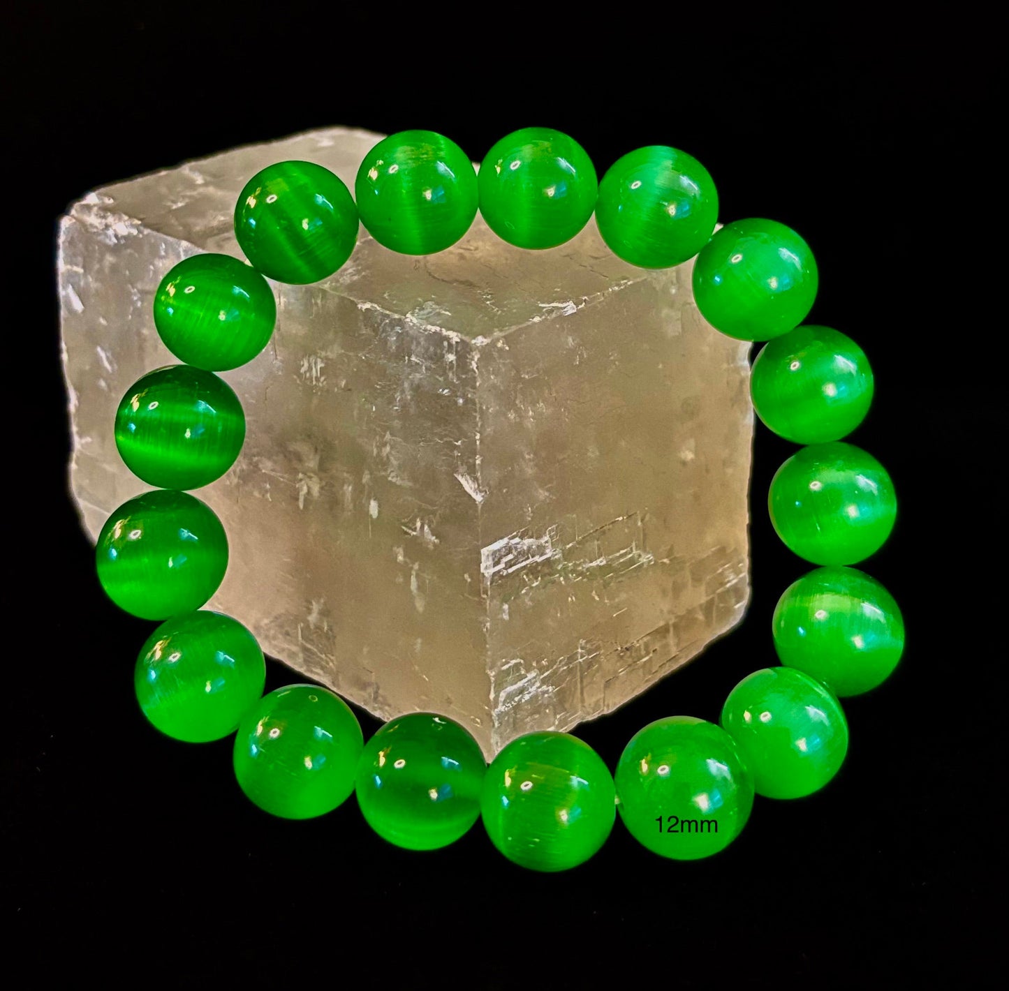 Green Cat Eye Stone Crystal Beaded Bracelet (8, 10, and 12 mm for Small and Medium Wrists)