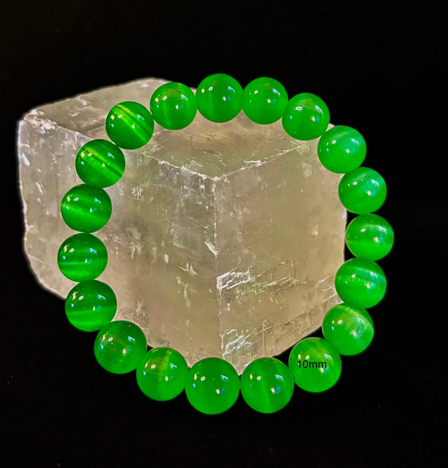 Green Cat Eye Stone Crystal Beaded Bracelet (8, 10, and 12 mm for Small and Medium Wrists)