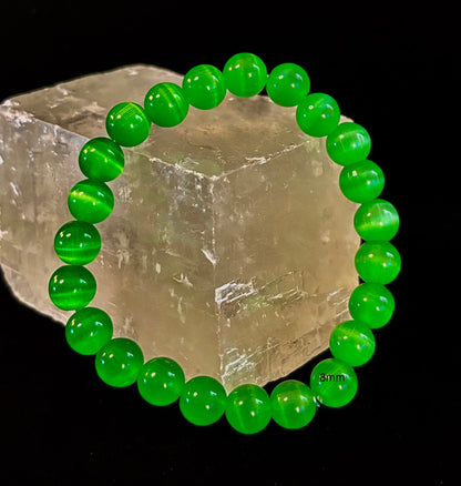 Green Cat Eye Stone Crystal Beaded Bracelet (8, 10, and 12 mm for Small and Medium Wrists)