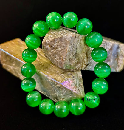 Green Cat Eye Stone Crystal Beaded Bracelet (8, 10, and 12 mm for Small and Medium Wrists)