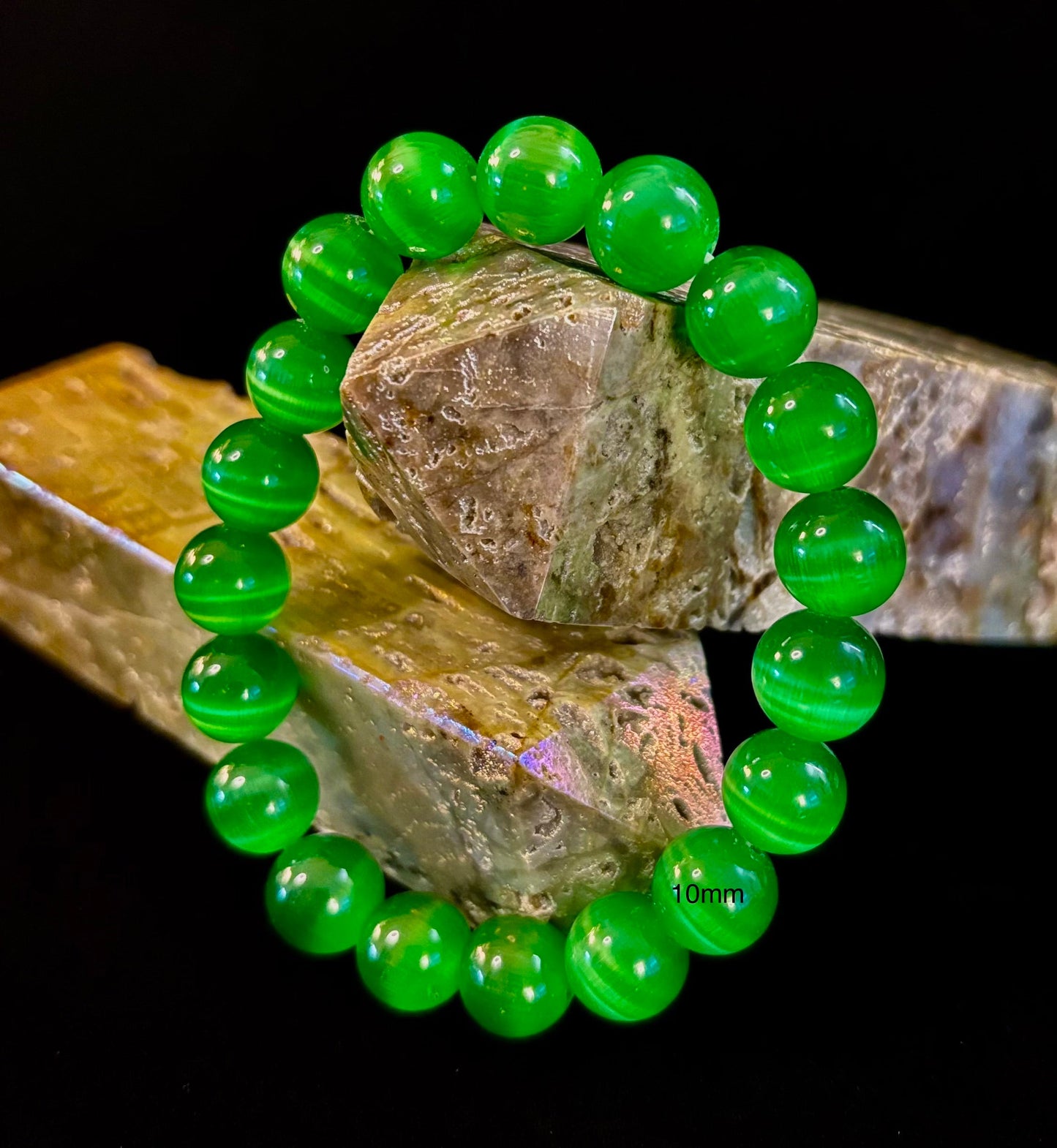 Green Cat Eye Stone Crystal Beaded Bracelet (8, 10, and 12 mm for Small and Medium Wrists)