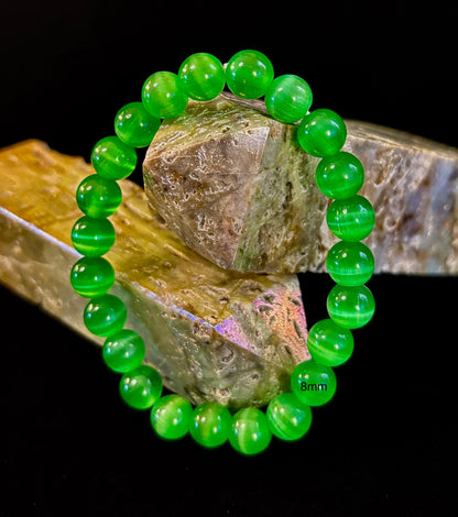 Green Cat Eye Stone Crystal Beaded Bracelet (8, 10, and 12 mm for Small and Medium Wrists)