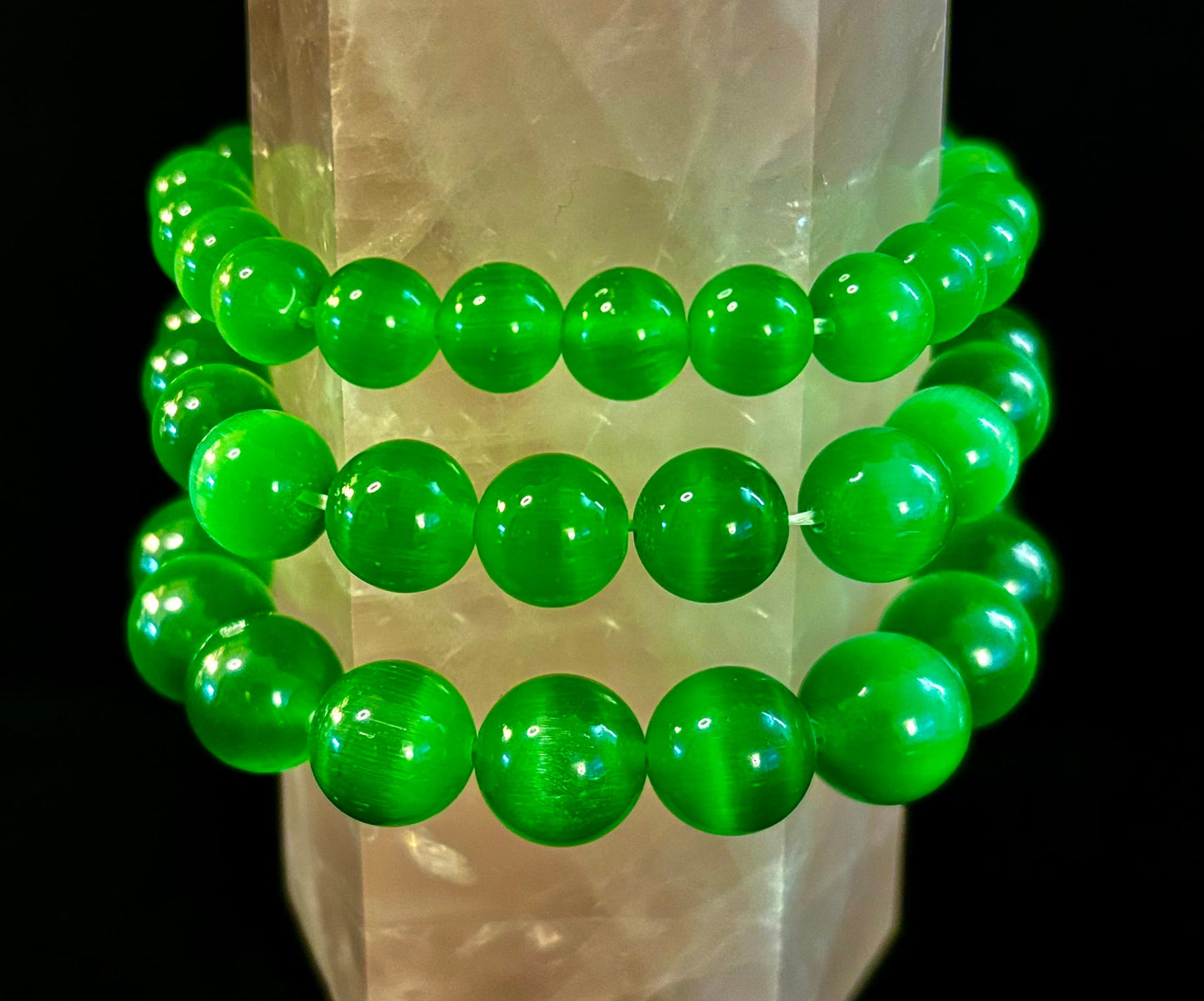 Green Cat Eye Stone Crystal Beaded Bracelet (8, 10, and 12 mm for Small and Medium Wrists)