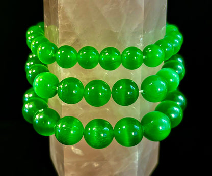 Green Cat Eye Stone Crystal Beaded Bracelet (8, 10, and 12 mm for Small and Medium Wrists)