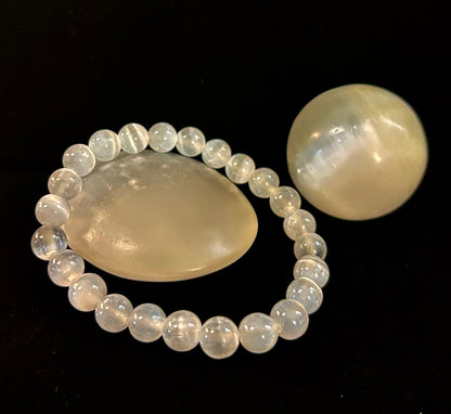 White Cat Eye Stone Bracelet – Reiki-Infused Clarity & Protection Jewelry (Medium–Large Wrist)