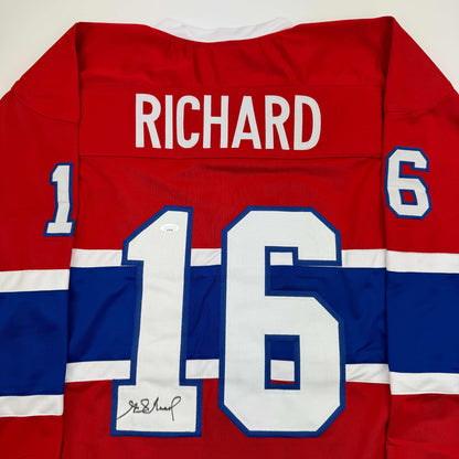 Autographed/Signed Henri Richard Montreal Red Hockey Jersey JSA COA