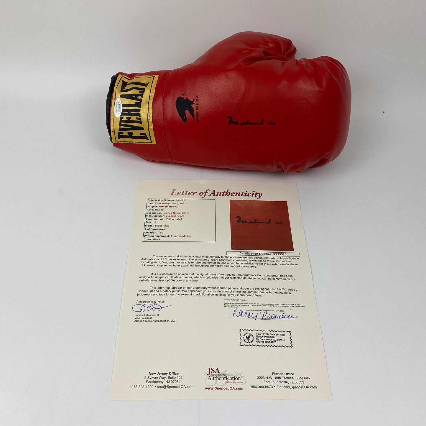 Autographed/Signed Muhammad Ali Red Everlast Boxing Glove JSA COA/LOA
