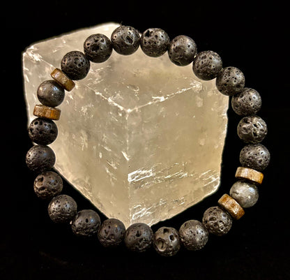 Men’s Lava Rock & Black Stone Bracelet – Natural Blue, Gray or Brown Accent Stones | Medium–Large Wrist