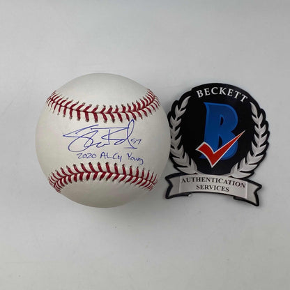 Autographed/Signed Shane Bieber 2020 AL Cy Young Rawlings Official Major League Baseball ROML Beckett BAS COA