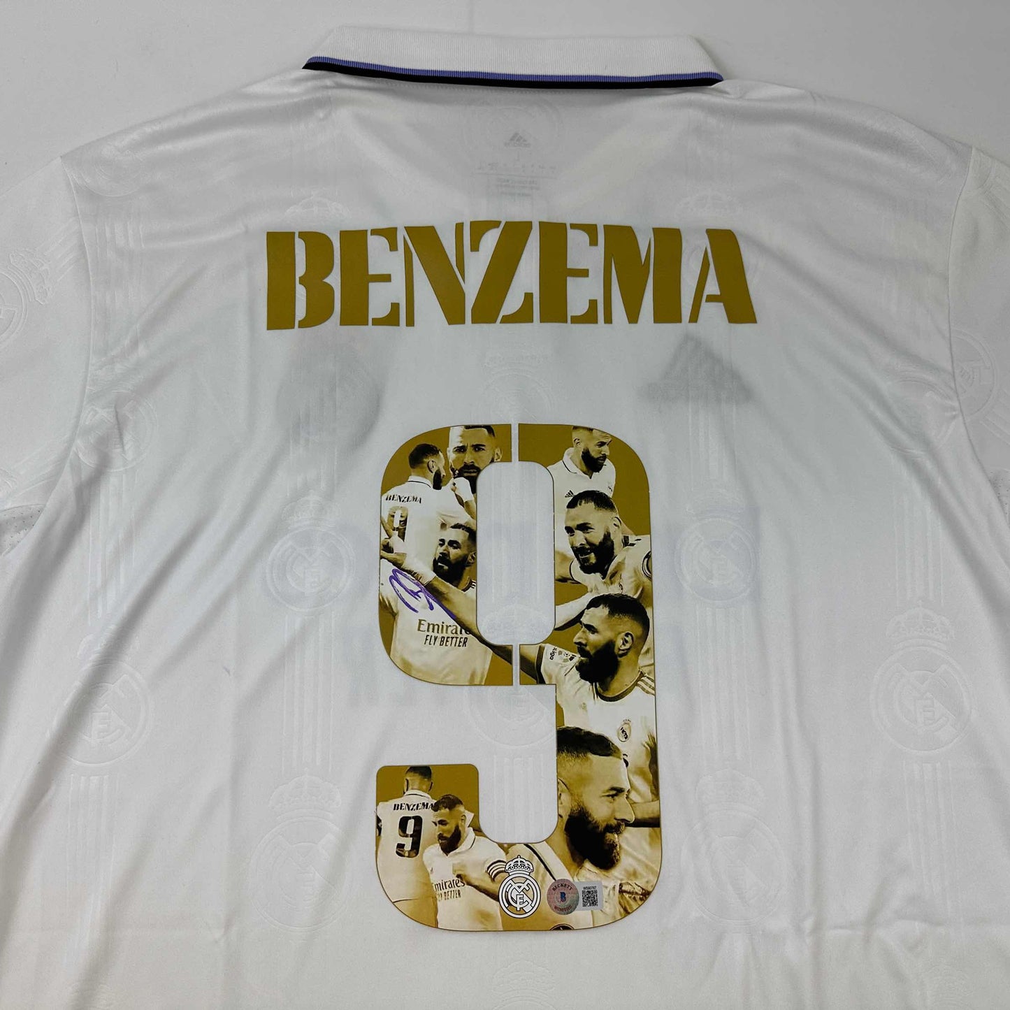 Autographed/Signed Karim Benzema Real Madrid Player Art White Soccer Jersey Beckett BAS COA