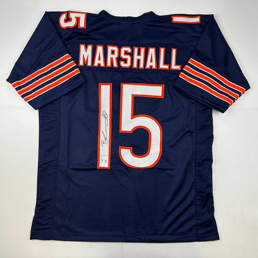 Autographed/Signed Brandon Marshall Chicago Blue Football Jersey Beckett BAS COA