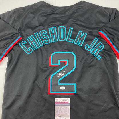 Autographed/Signed Jazz Chisholm Jr. Miami Black Baseball Jersey JSA COA