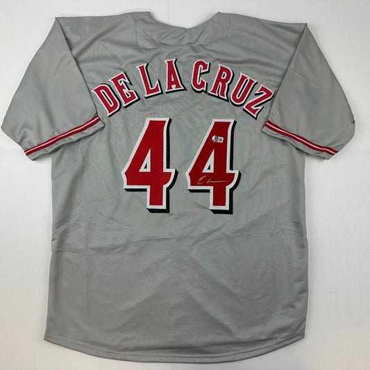 Autographed/Signed Elly De La Cruz Cincinnati Grey Baseball Jersey Beckett BAS COA