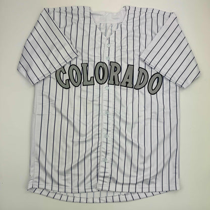 Autographed/Signed Todd Helton HOF 24 Colorado Pinstripe Baseball Jersey Tristar COA
