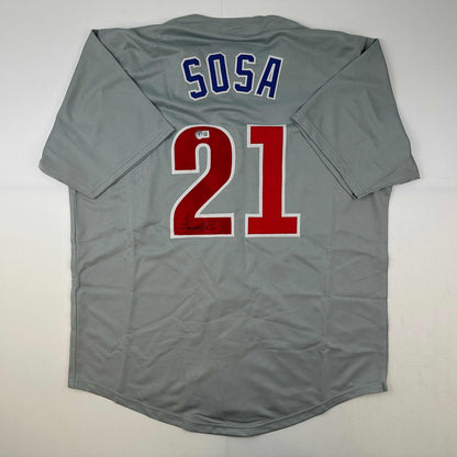 Autographed/Signed Sammy Sosa Chicago Grey Baseball Jersey Beckett BAS COA