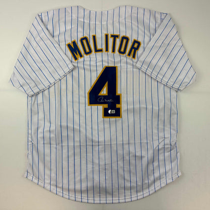 Autographed/Signed Paul Molitor Milwaukee Pinstripe Baseball Jersey Beckett BAS COA